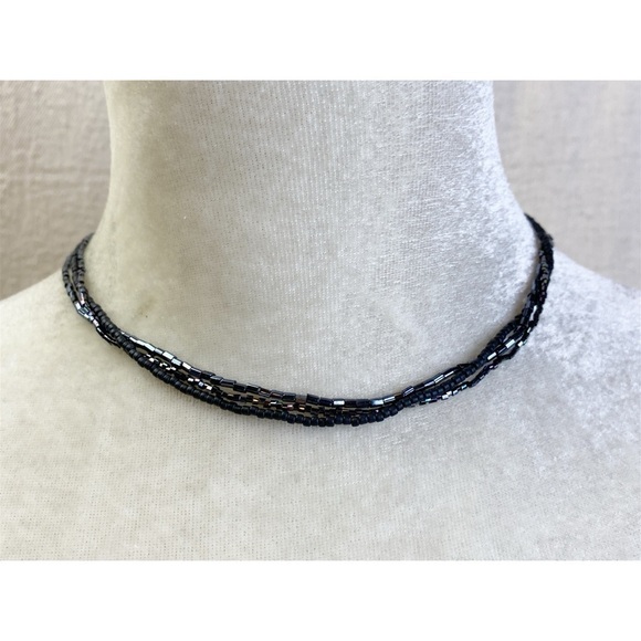 Triple strand black rainbow iridescent and matte bead necklace sterling clasp - Picture 1 of 6